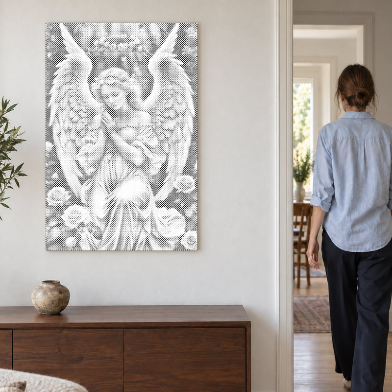 Dot-painting canvas “Angel with Delicate Roses”, on an ivory wall as a person leaves through the doorway.