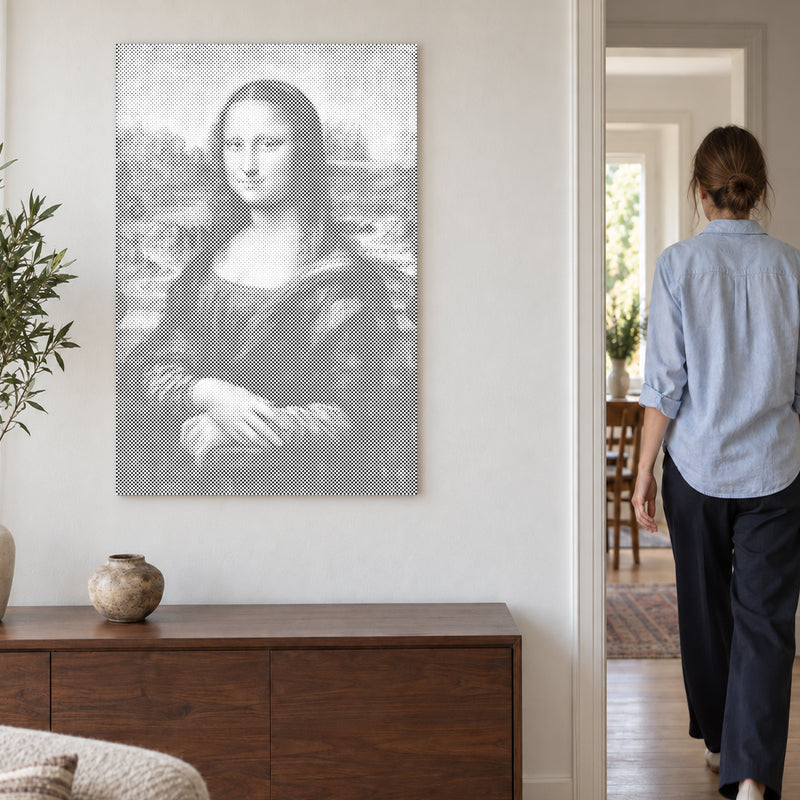 Dot-painting canvas “Mona Lisa by Leonardo da Vinci”, on a light wall with a person walking through the doorway nearby.