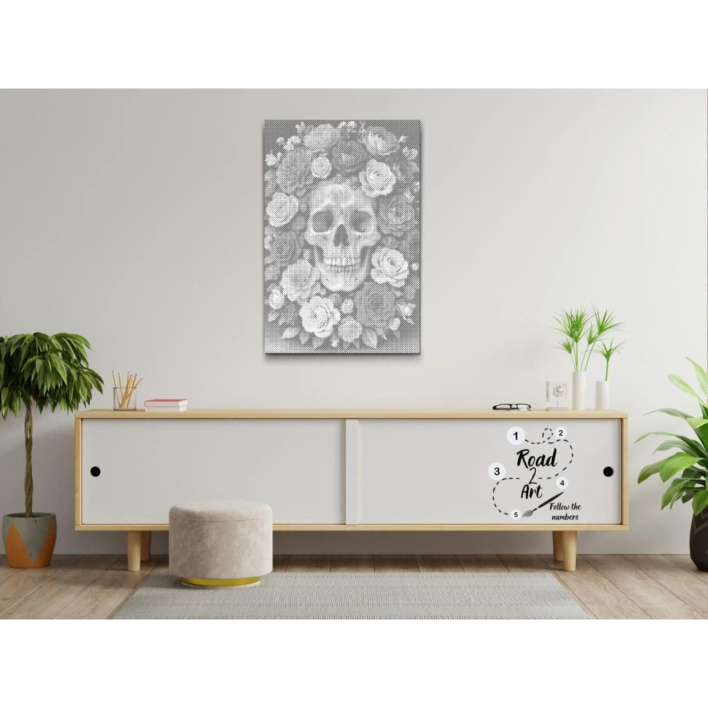 Skull in a Sea of Roses | Dot Painting Kit finished dot painting artwork