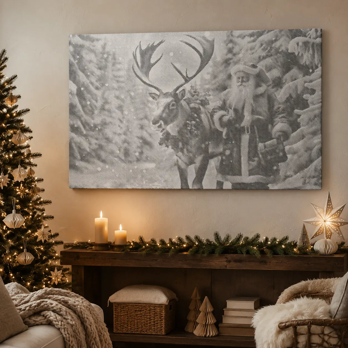 Father Christmas with Reindeer in a Snowy Forest | Dot Painting Kit finished dot painting artwork