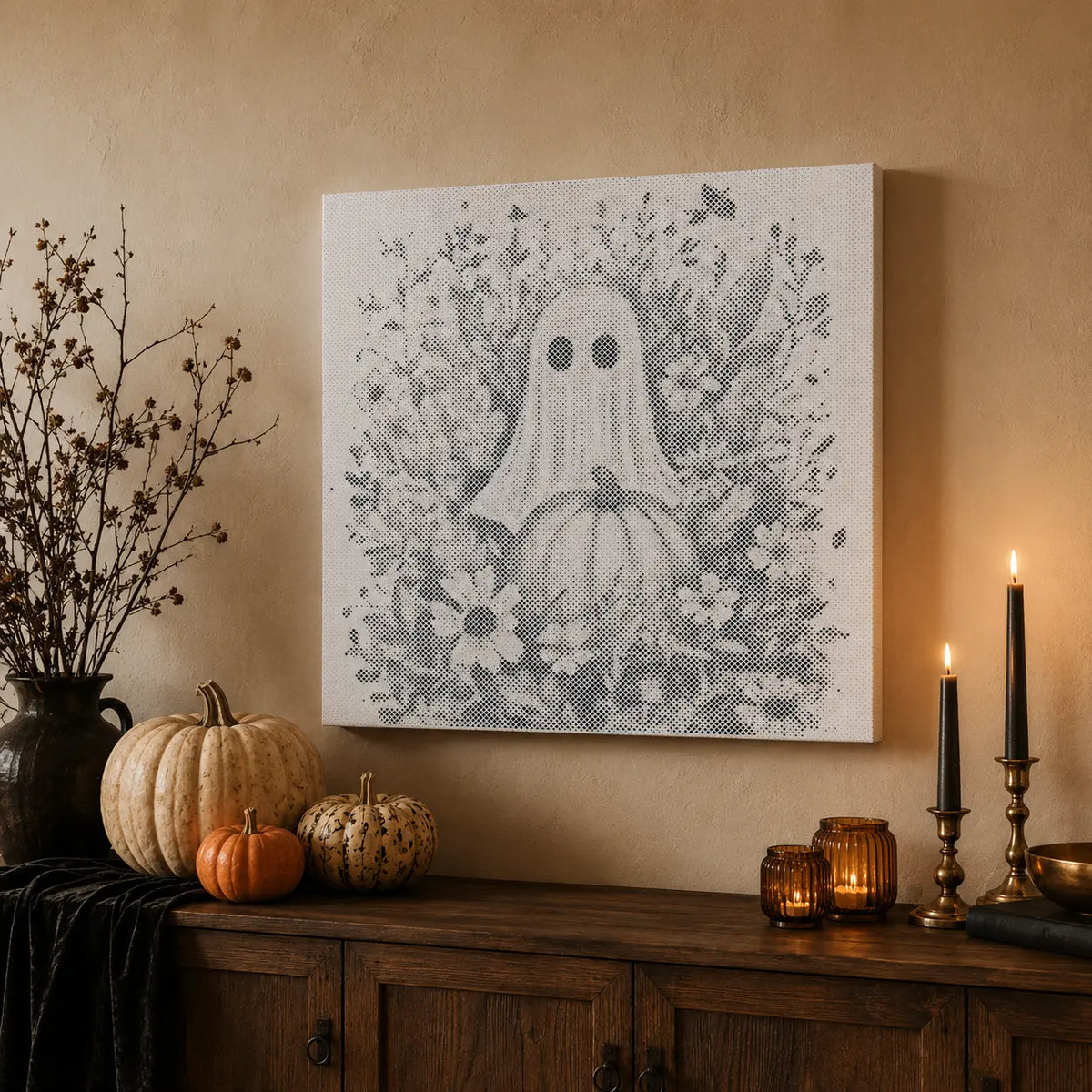 Ghost with Pumpkin and Flowers Halloween | Dot Painting Kit finished dot painting artwork