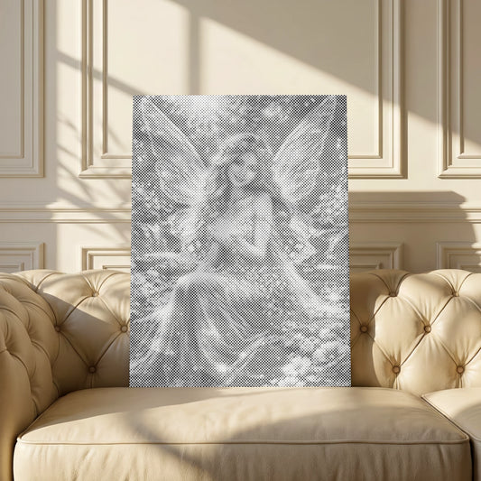 A Whisper of Magic fairy dot painting canvas resting on a cream sofa against a panelled wall.