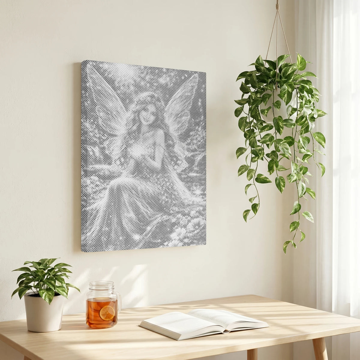 Close-up of A Whisper of Magic fairy dot painting canvas beside a hanging plant above a reading table.