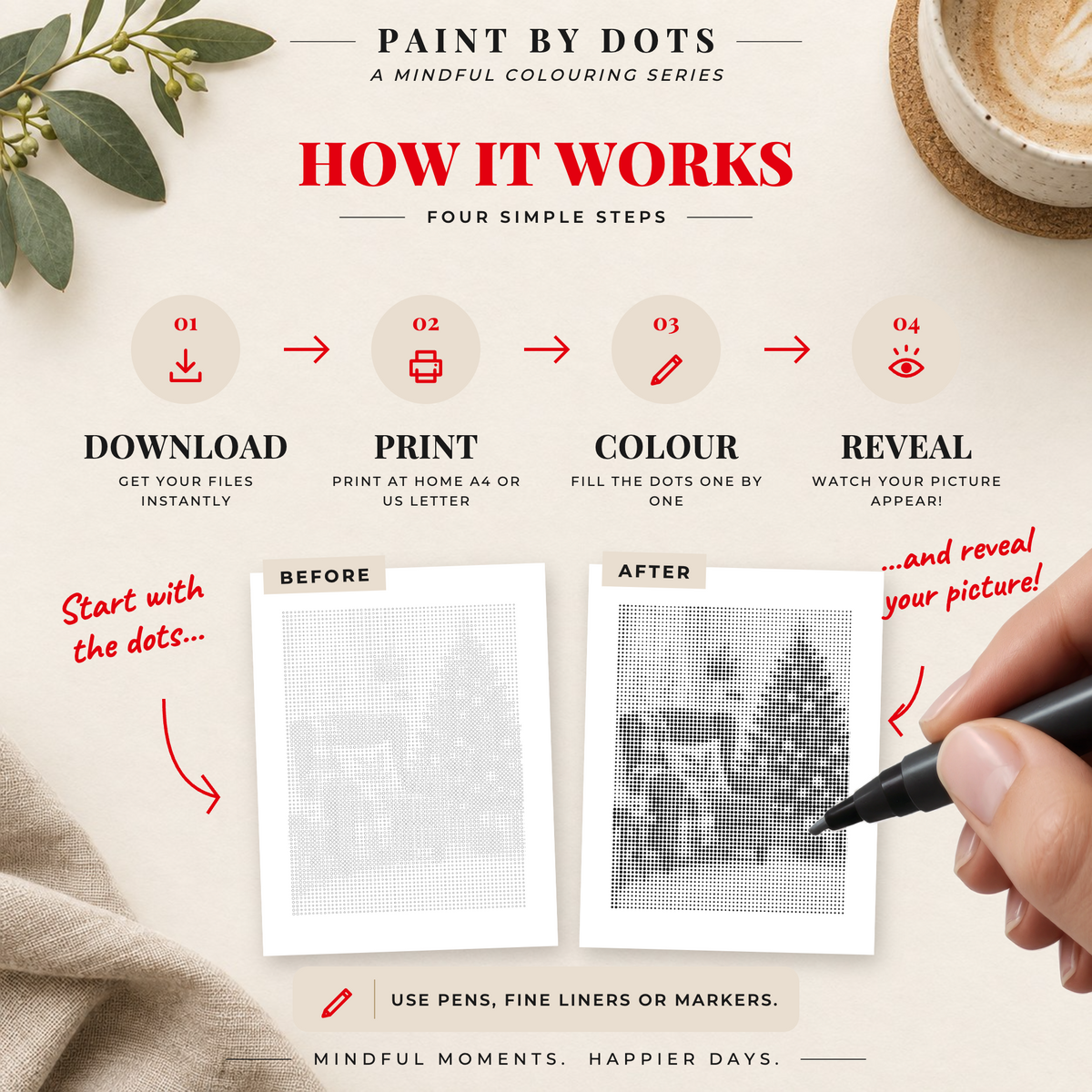 How to download, print and fill the circles in the Cosy Christmas dot painting book