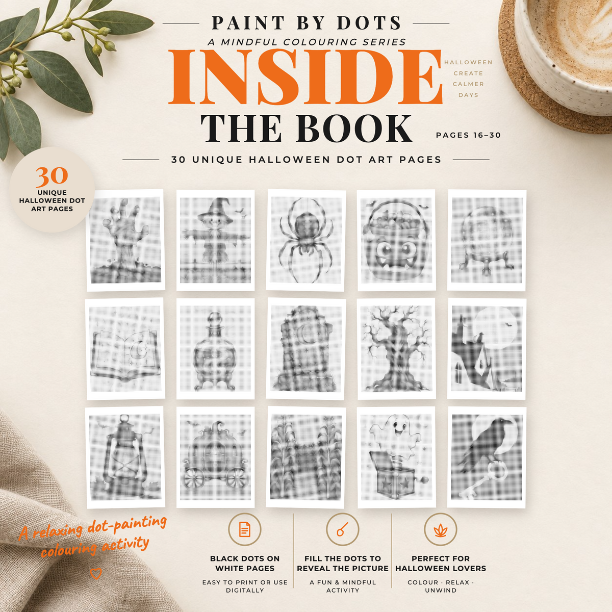 Halloween dot painting book preview of printable designs 16–30