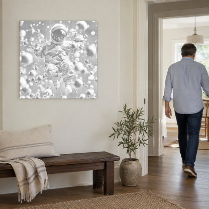 Dot-painting canvas “Abstract Astronaut”, on a light wall with a person walking through the doorway nearby.