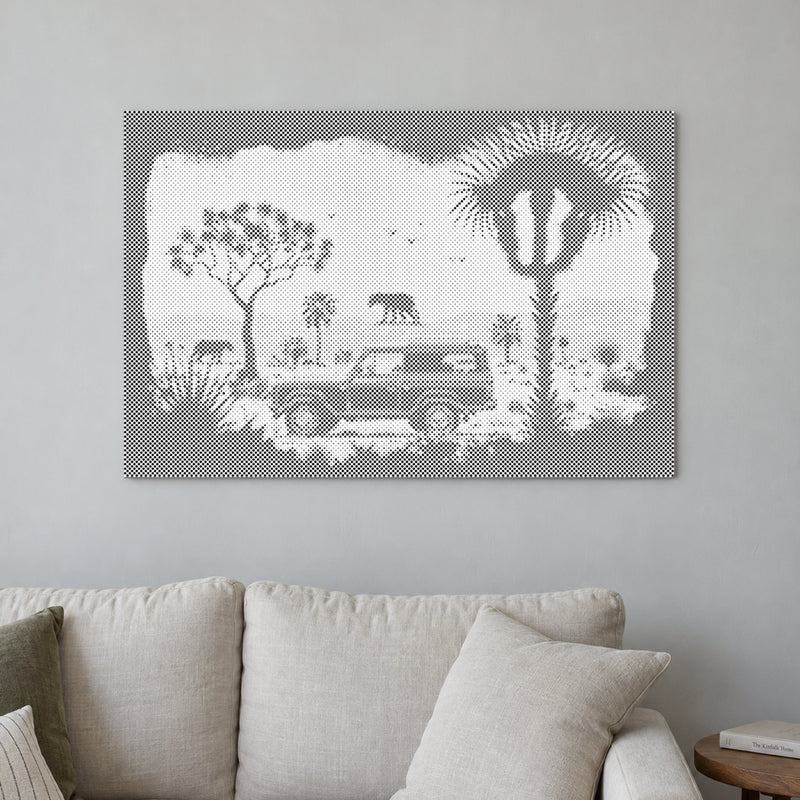 Dot-painting canvas “Adventure in the Wilderness”, displayed on a light wall in a softly lit room.