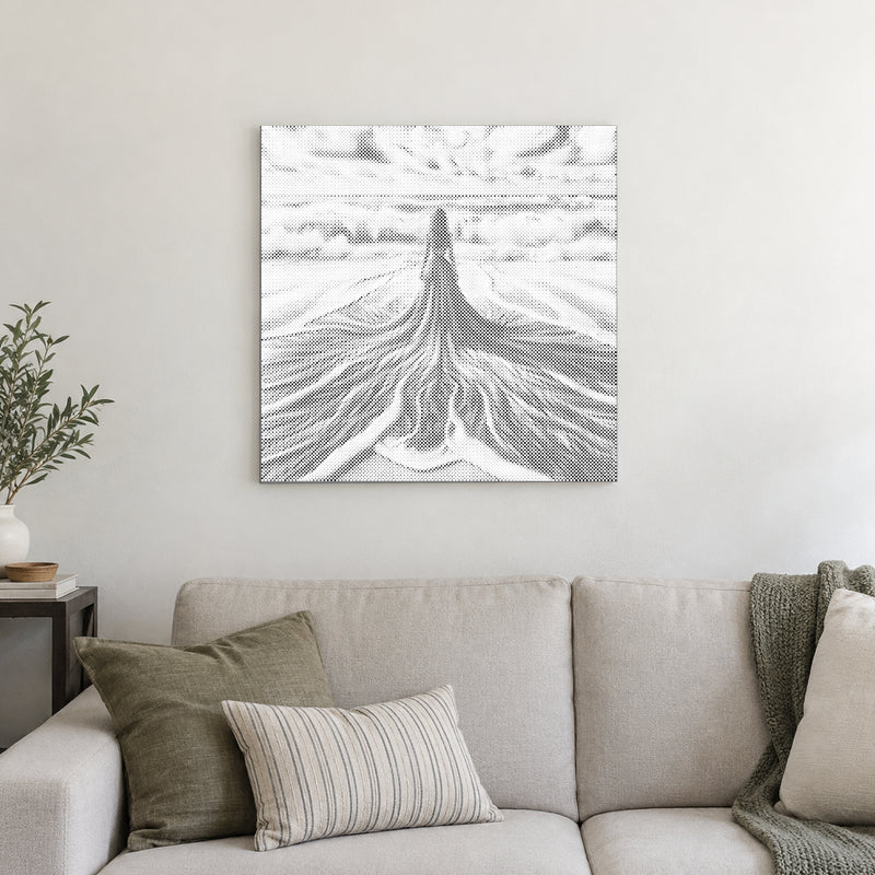 Dot-painting canvas “Between Sky and Sea”, displayed on a light wall in a softly lit room.