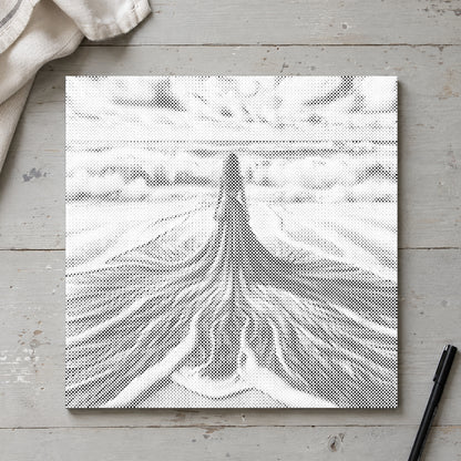 Dot-painting canvas “Between Sky and Sea”, seen from above on a worktable in soft daylight.