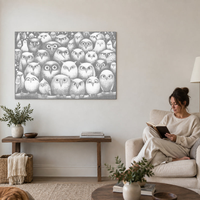 Dot-painting canvas “Birds Birds Birds”, on a living-room wall with a person reading in an armchair nearby.