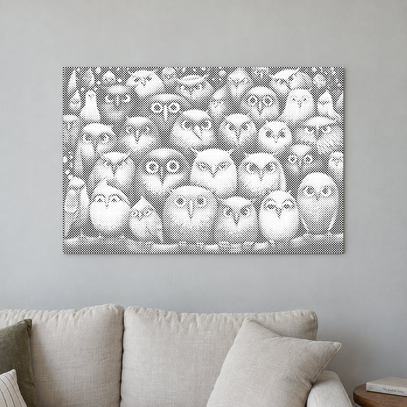 Dot-painting canvas “Birds Birds Birds”, displayed on a light wall in a softly lit room.