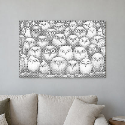 Dot-painting canvas “Birds Birds Birds”, displayed on a light wall in a softly lit room.
