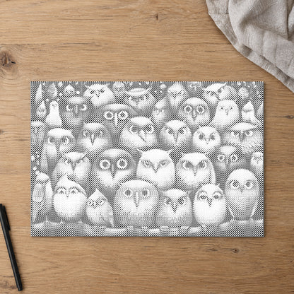 Dot-painting canvas “Birds Birds Birds”, seen from above on a worktable in soft daylight.