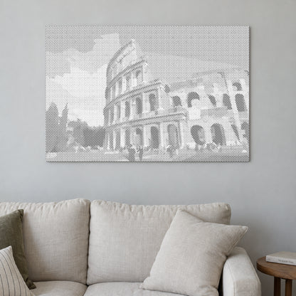 Dot-painting canvas “Colosseum Rome”, displayed on a light wall in a softly lit room.