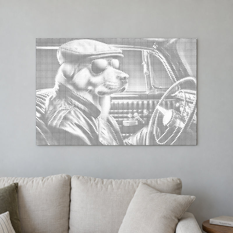 Dot-painting canvas “Cool Dog”, displayed on a light wall in a softly lit room.
