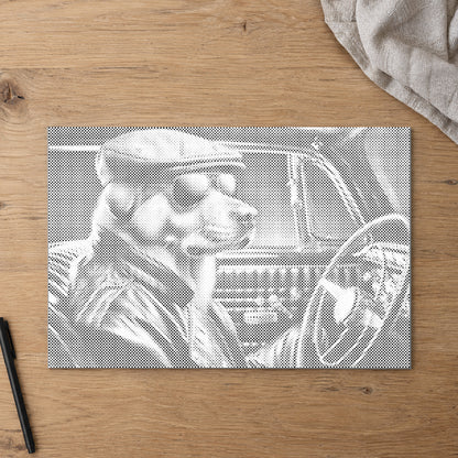 Dot-painting canvas “Cool Dog”, seen from above on a worktable in soft daylight.