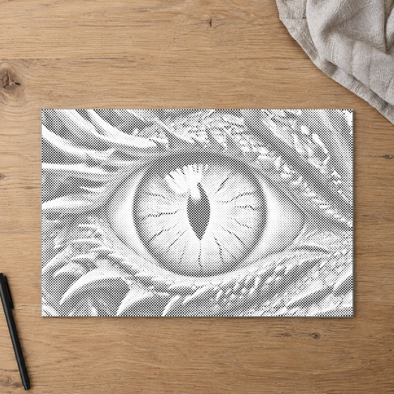 Dot-painting canvas “Dragon Eye”, seen from above on a worktable in soft daylight.