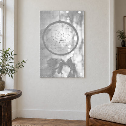 Dot-painting canvas “Dreamcatcher Classic”, displayed on a light wall in a softly lit room.