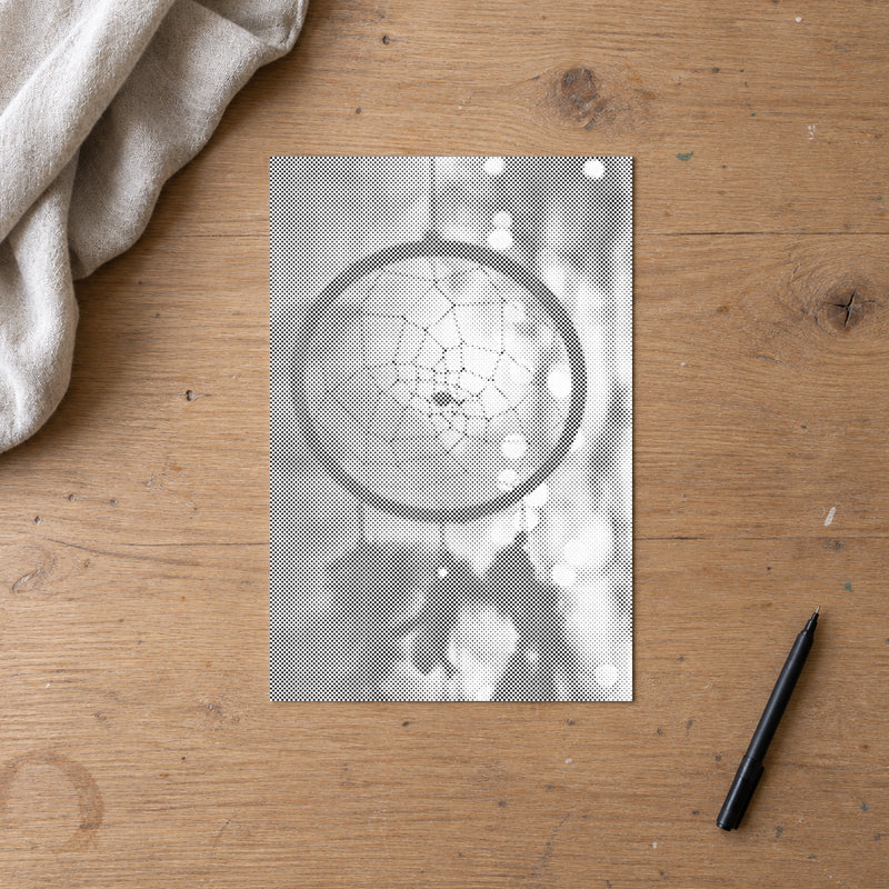 Dot-painting canvas “Dreamcatcher Classic”, seen from above on a worktable in soft daylight.