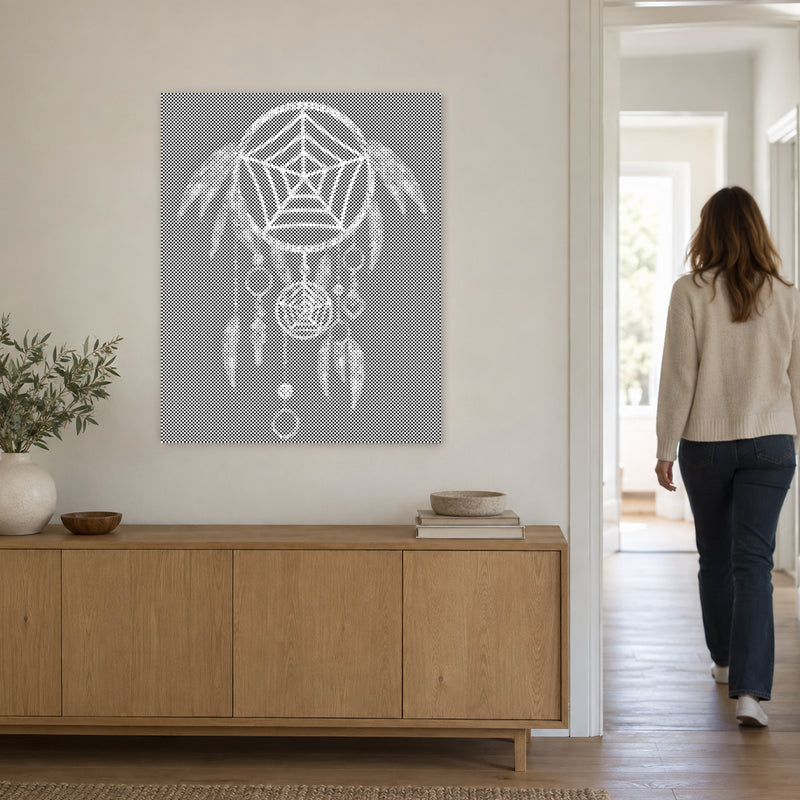 Dot-painting canvas “Dreamcatcher”, on a light wall with a person walking through the doorway nearby.