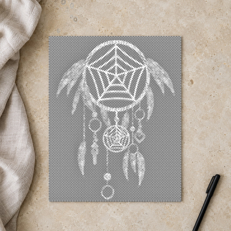 Dot-painting canvas “Dreamcatcher”, seen from above on a worktable in soft daylight.