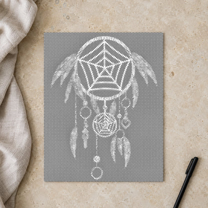 Dot-painting canvas “Dreamcatcher”, seen from above on a worktable in soft daylight.
