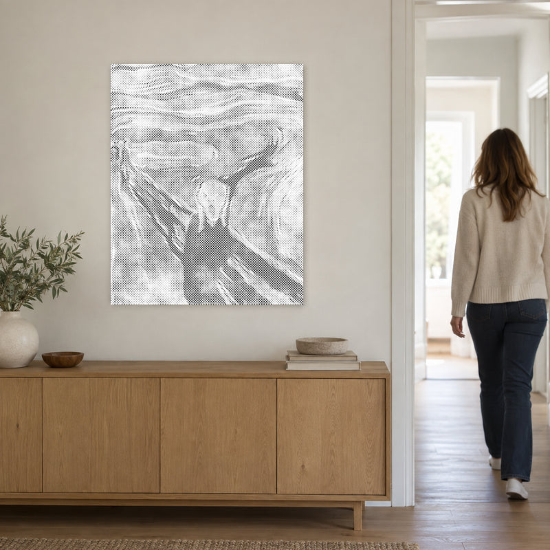 Dot-painting canvas “Edvard Munch The Scream”, on a light wall with a person walking through the doorway nearby.