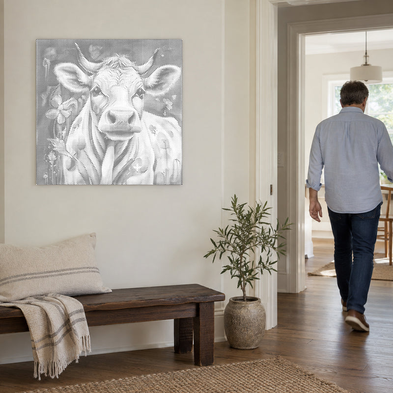Dot-painting canvas “Happy Cow”, on a light wall with a person walking through the doorway nearby.