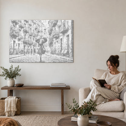 Dot-painting canvas “In the Rain”, on a living-room wall with a person reading in an armchair nearby.