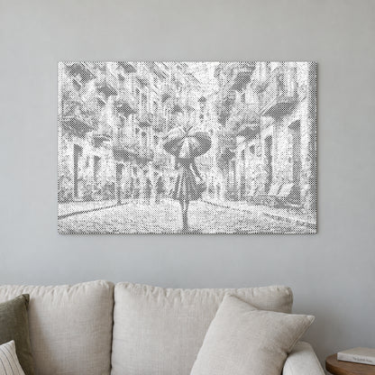 Dot-painting canvas “In the Rain”, displayed on a light wall in a softly lit room.