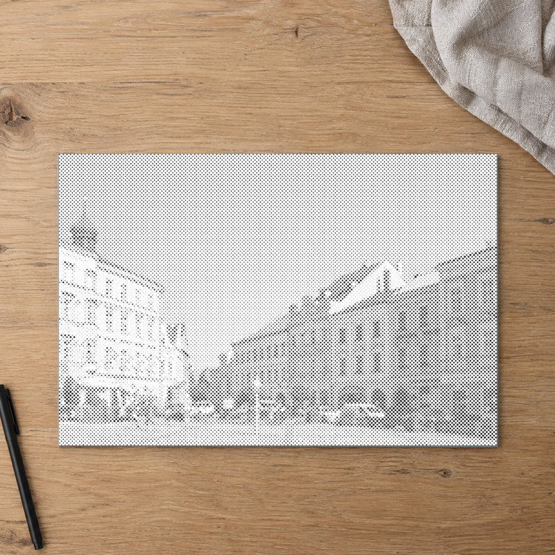 Dot-painting canvas “Jindrichuv Hradec”, seen from above on a worktable in soft daylight.