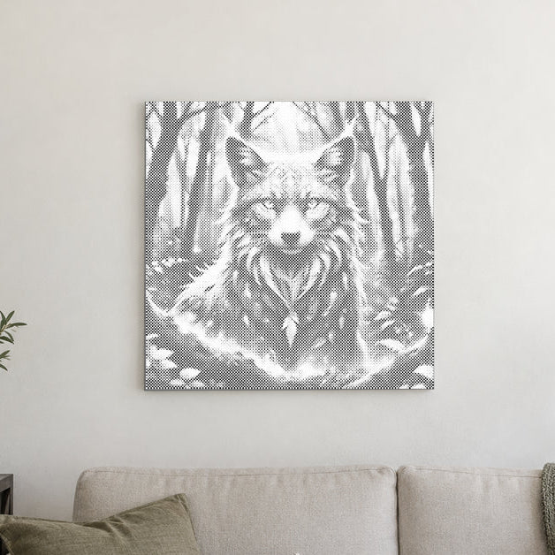 Dot-painting canvas “Magical Fox”, displayed on a light wall in a softly lit room.