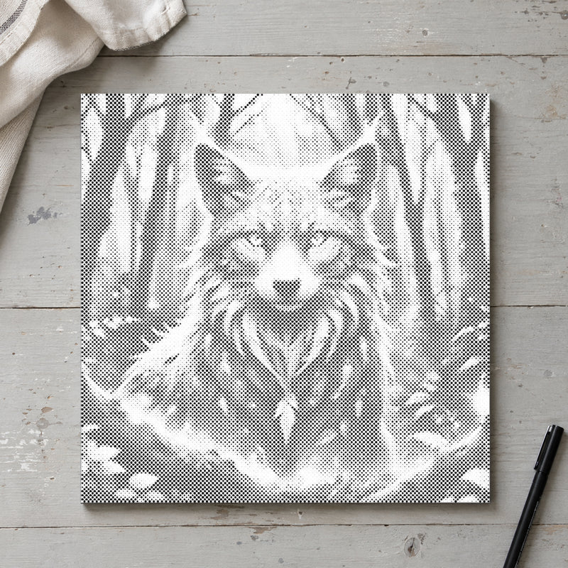 Dot-painting canvas “Magical Fox”, seen from above on a worktable in soft daylight.