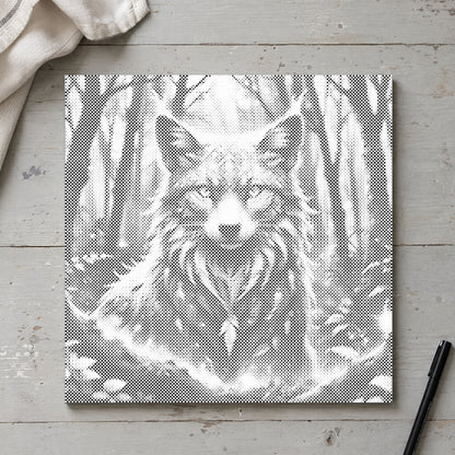 Dot-painting canvas “Magical Fox”, seen from above on a worktable in soft daylight.