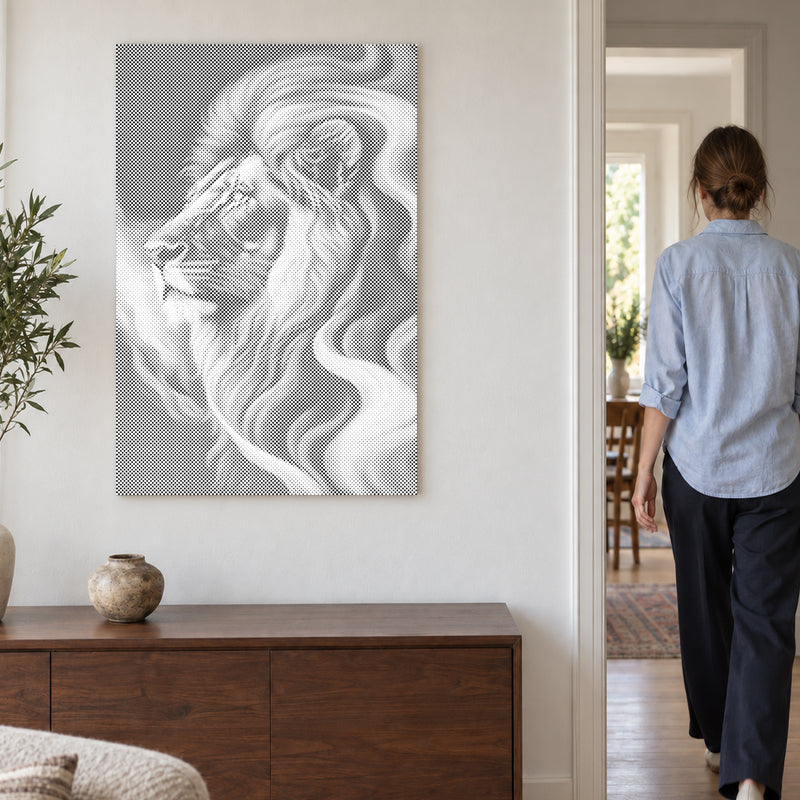 Dot-painting canvas “Majestic Lion”, on a light wall with a person walking through the doorway nearby.