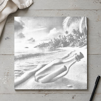 Dot-painting canvas “Message in a Bottle”, seen from above on a worktable in soft daylight.