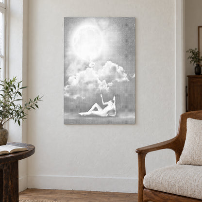 Dot-painting canvas “Monarch of the Moon”, displayed on a light wall in a softly lit room.