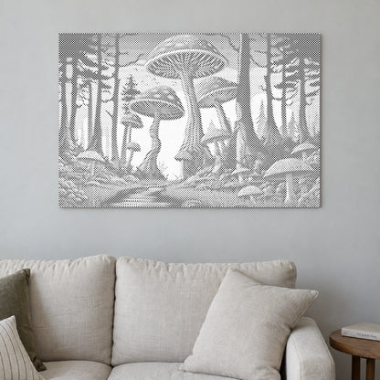 Dot-painting canvas “Mushrooms”, displayed on a light wall in a softly lit room.