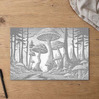 Dot-painting canvas “Mushrooms”, seen from above on a worktable in soft daylight.