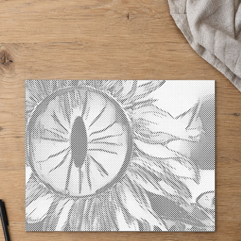 Dot-painting canvas “Sunflower Eye”, seen from above on a worktable in soft daylight.