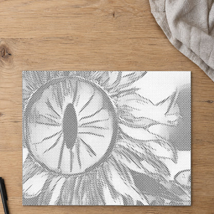 Dot-painting canvas “Sunflower Eye”, seen from above on a worktable in soft daylight.