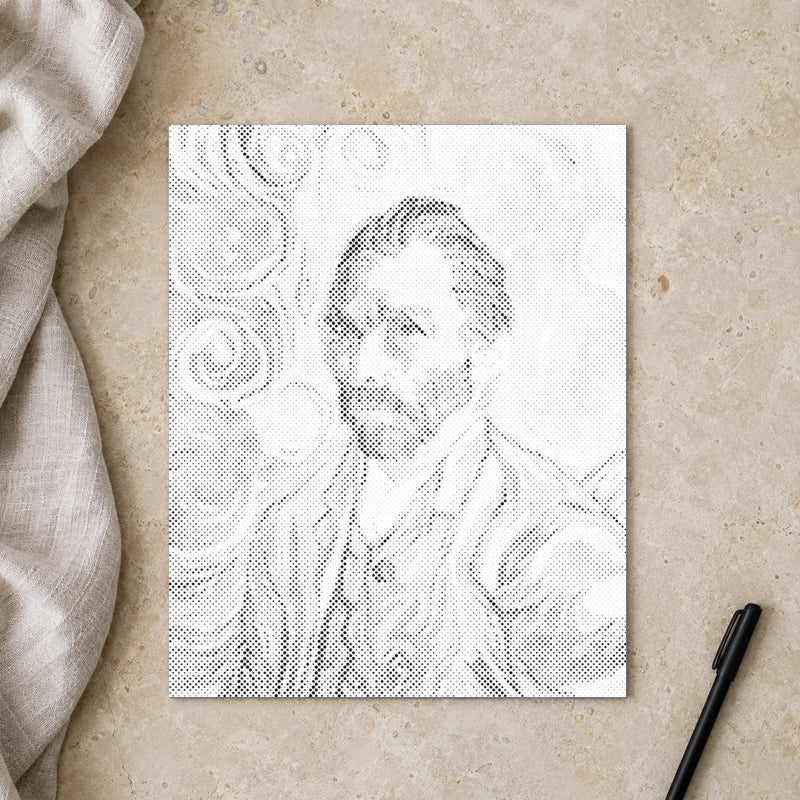 Dot-painting canvas “Vincent van Gogh Self Portrait”, seen from above on a worktable in soft daylight.