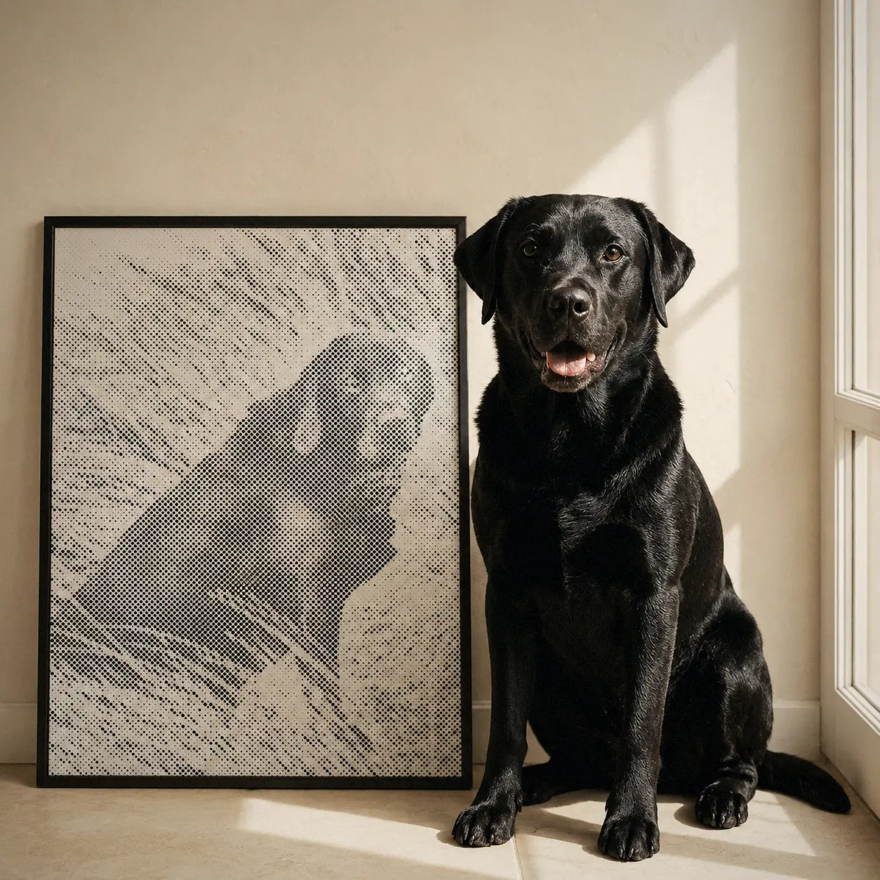 Custom photo dot painting with a black dog beside the finished artwork