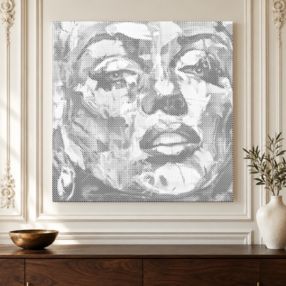 The Painted Muse square face portrait dot painting shown close up against ornate ivory panelled walls.