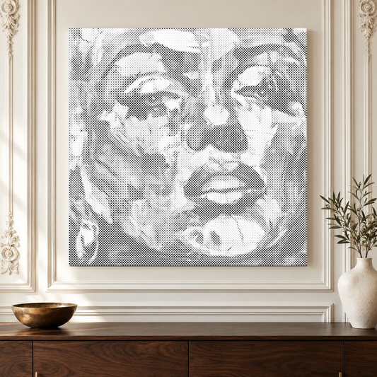 The Painted Muse square face portrait dot painting shown close up against ornate ivory panelled walls.