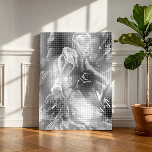 Poetry in Motion dancer dot painting on an edge-to-edge canvas against a panelled cream wall.