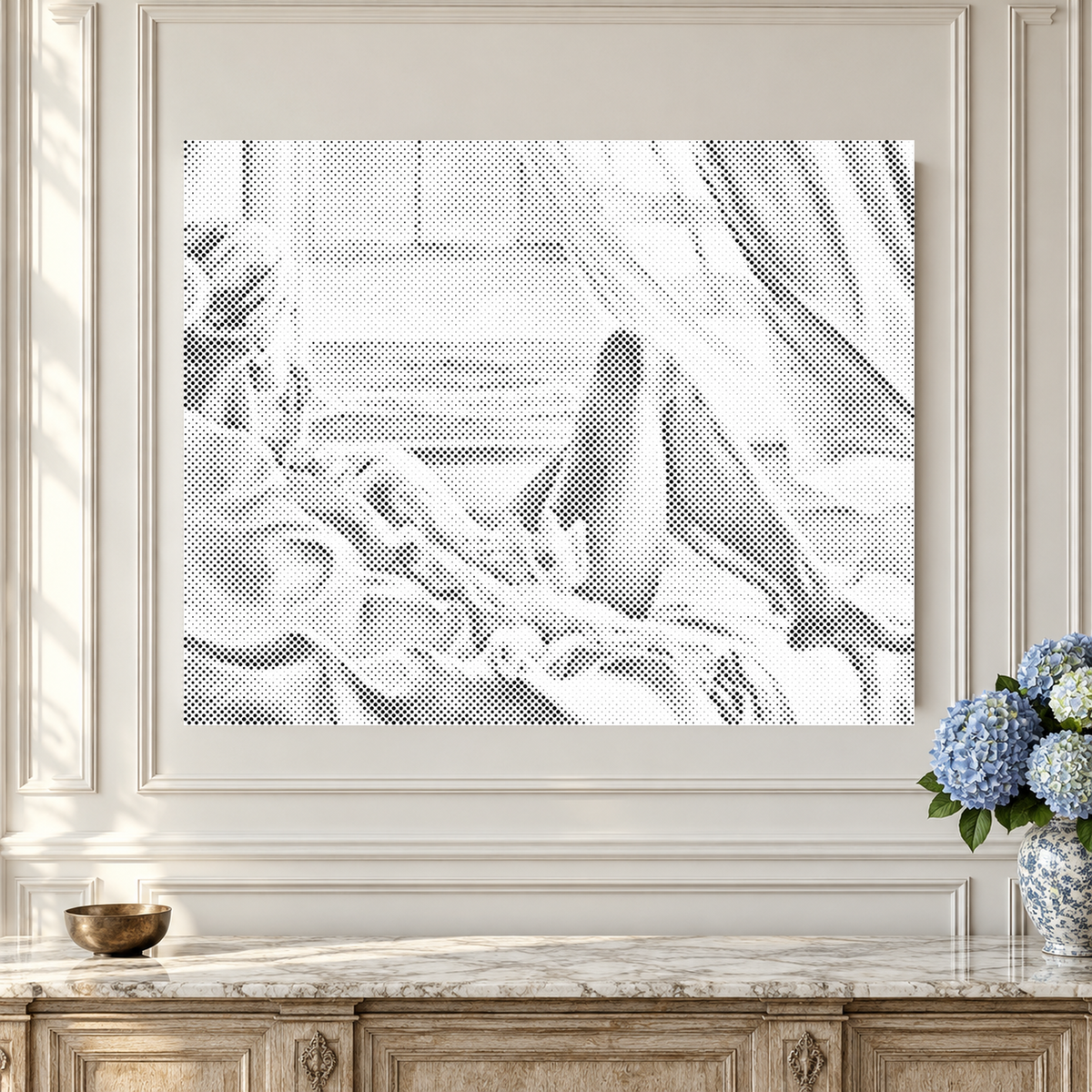 The Quiet Horizon coastal landscape dot painting, shown close up against ornate ivory panelled walls.