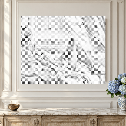 The Quiet Horizon coastal landscape dot painting, shown close up against ornate ivory panelled walls.