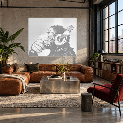 Rebel Rhythm monkey with headphones dot painting in an industrial loft with a cognac leather sofa and vinyl records.