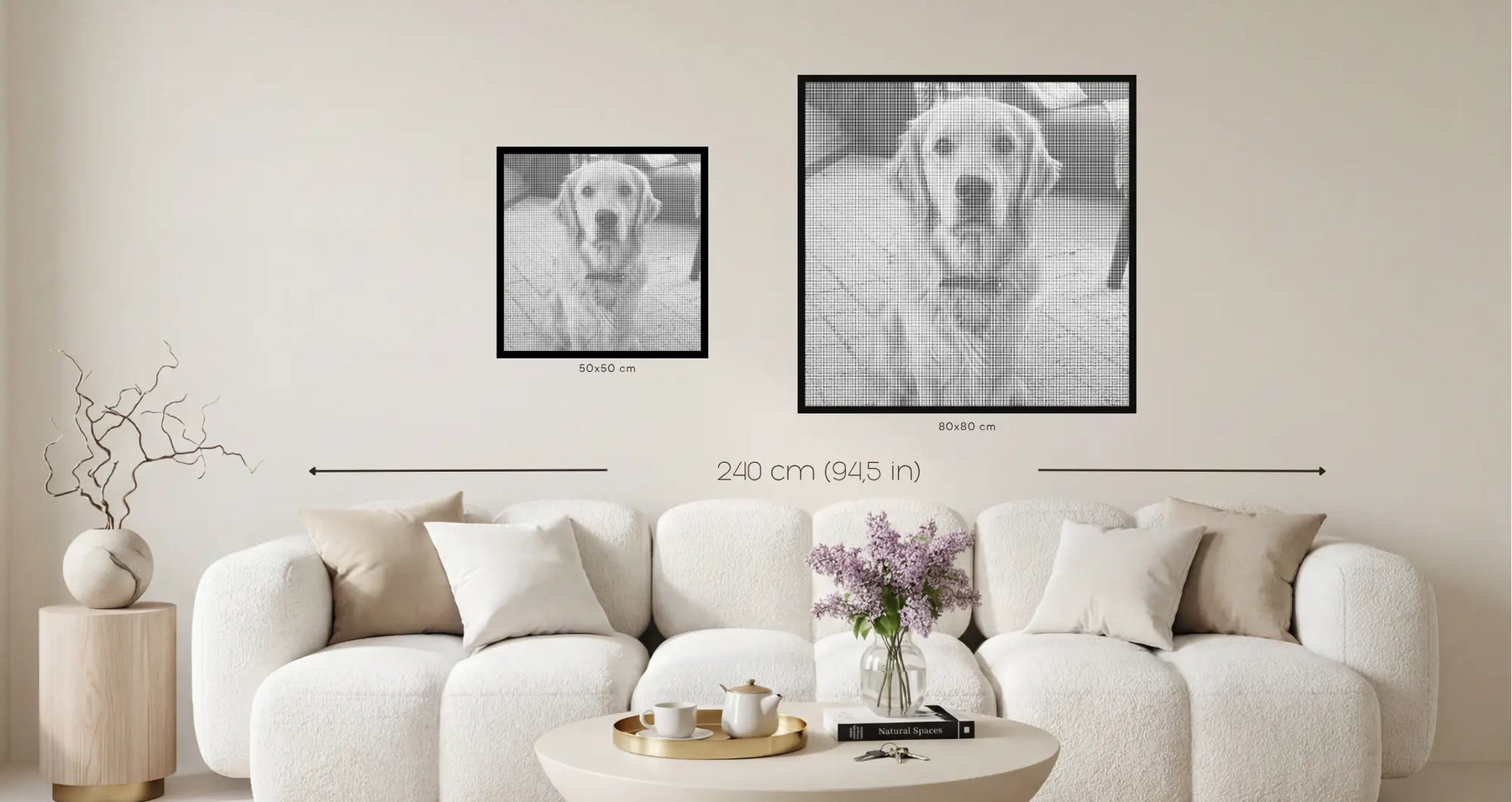 50×50 cm and 80×80 cm square custom dot paintings shown to scale above a 240 cm sofa